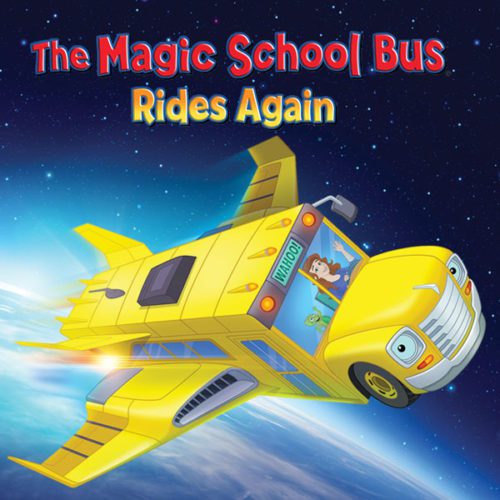 School Bus with eyes and wings, soaring through space above the earth