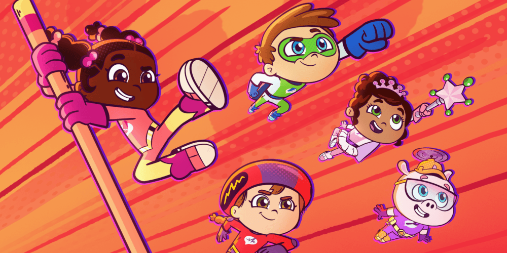 Super Why's Comic Book Adventures -All five characters flying through air.